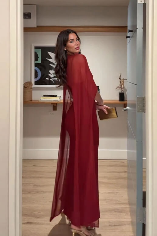 Sexy Burgundy V-neck Sleeveless Sheer Fit Shawl-Style Spaghetti Strap Maxi Dress