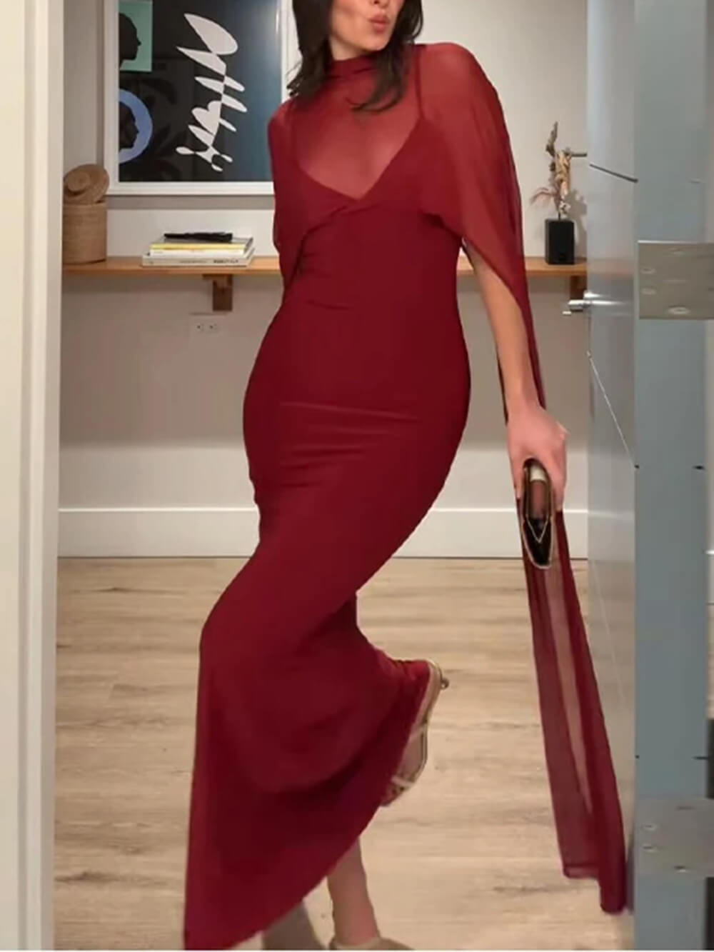 Sexy Burgundy V-neck Sleeveless Sheer Fit Shawl-Style Spaghetti Strap Maxi Dress