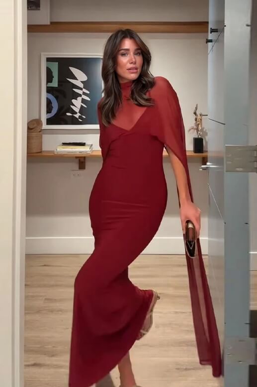 Sexy Burgundy V-neck Sleeveless Sheer Fit Shawl-Style Spaghetti Strap Maxi Dress