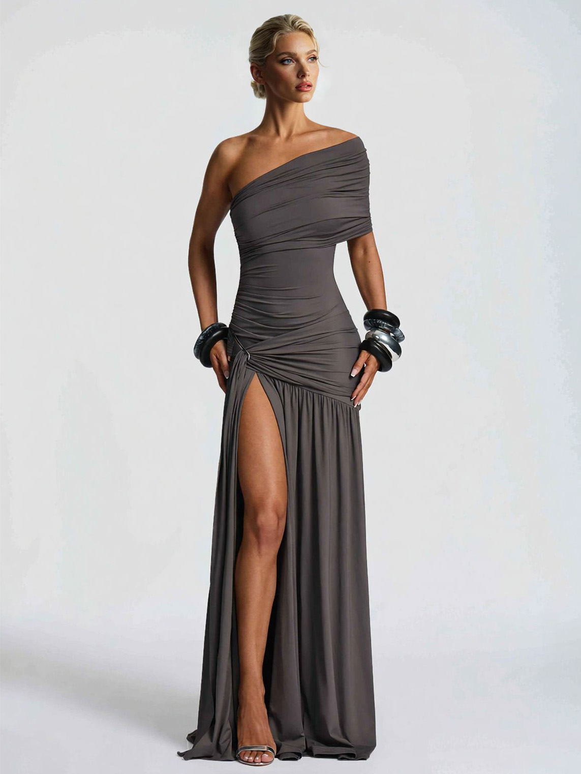 Elegant One-Shoulder Ruched Slit Maxi Dress