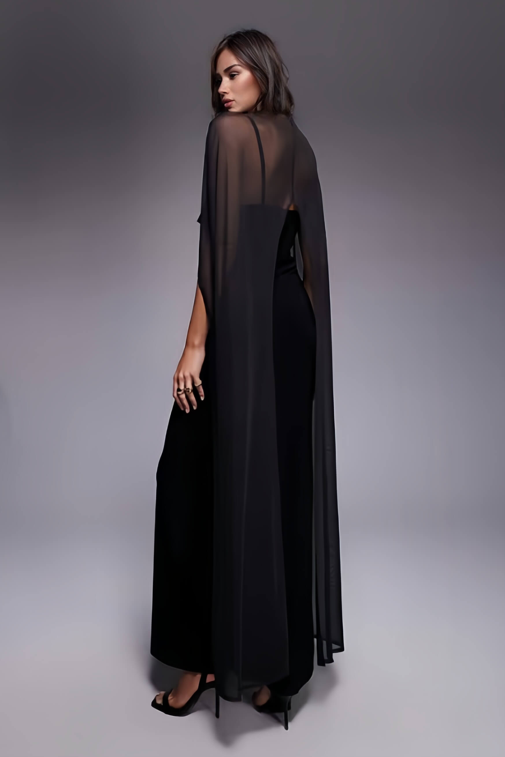 Sexy Black V-neck Sleeveless Sheer Fit Shawl-Style Spaghetti Strap Maxi Dress