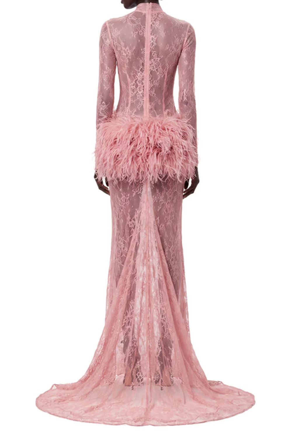 Pink Lace Long Sleeve Feather Trim Maxi Evening Dress [erp-image:a8231c7678ad8ef4df6e1716]