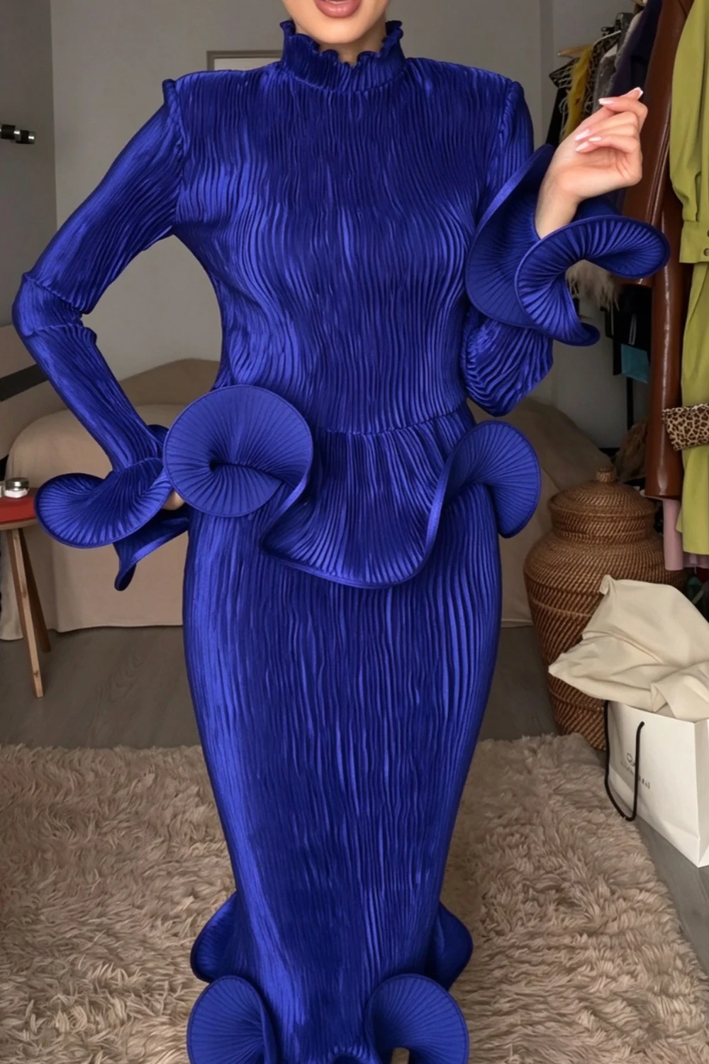 Royal Blue Pleated Peplum Top and Ruffled Midi Skirt Two-Piece Set [erp-image:811e90c5c17fe64cf79ef2d1]