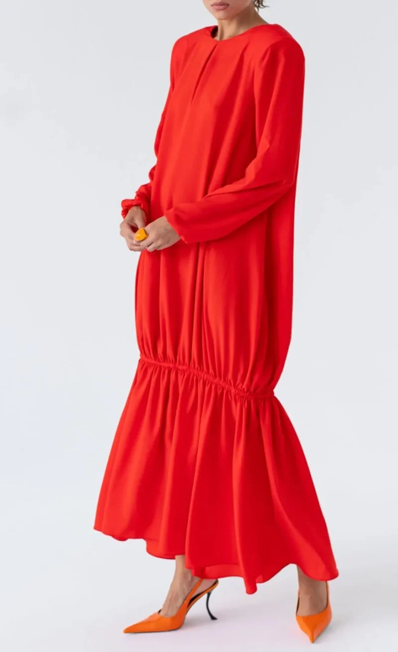 Red Padded Shoulder Long Sleeve Drop Waist Maxi Dress with Flounce Hem [erp-image:7acc4058f9946de70ad93232]