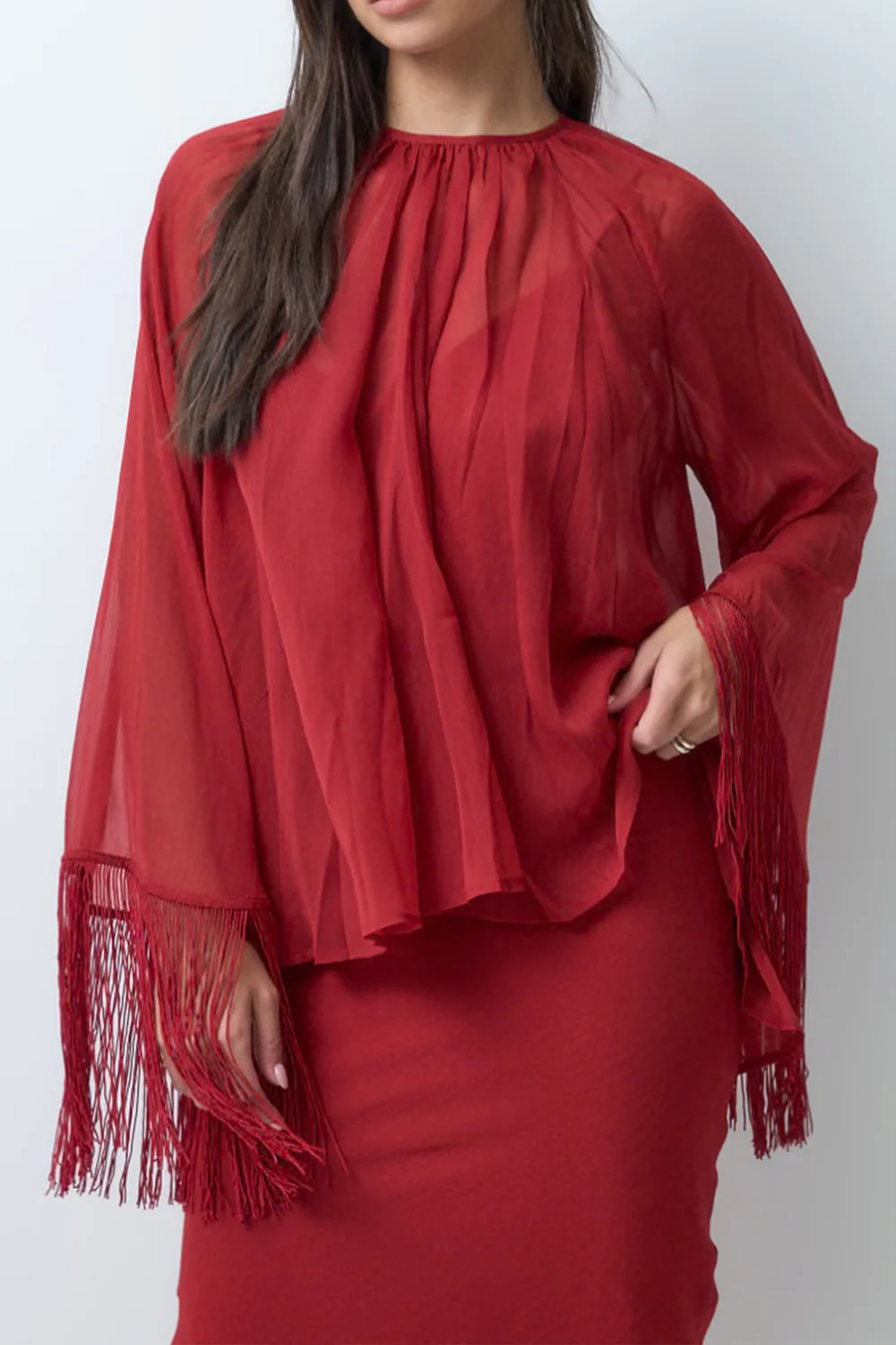 Red Fringe Capelet Top and Slip Midi Dress Two Piece Set [erp-image:1ec9ecccc6f8c0bc9686ec41]