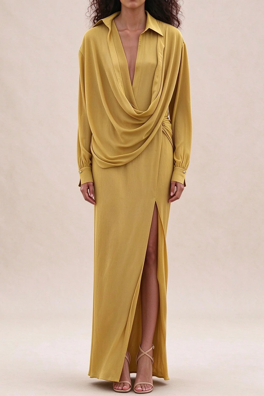 Mustard Yellow Draped Cowl Neck Long Sleeve Maxi Dress with Slit [erp-image:f32e85f49656f54793268948]