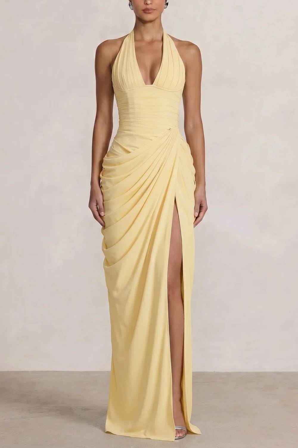 Long Dress With Deep Neck V-pleated Split