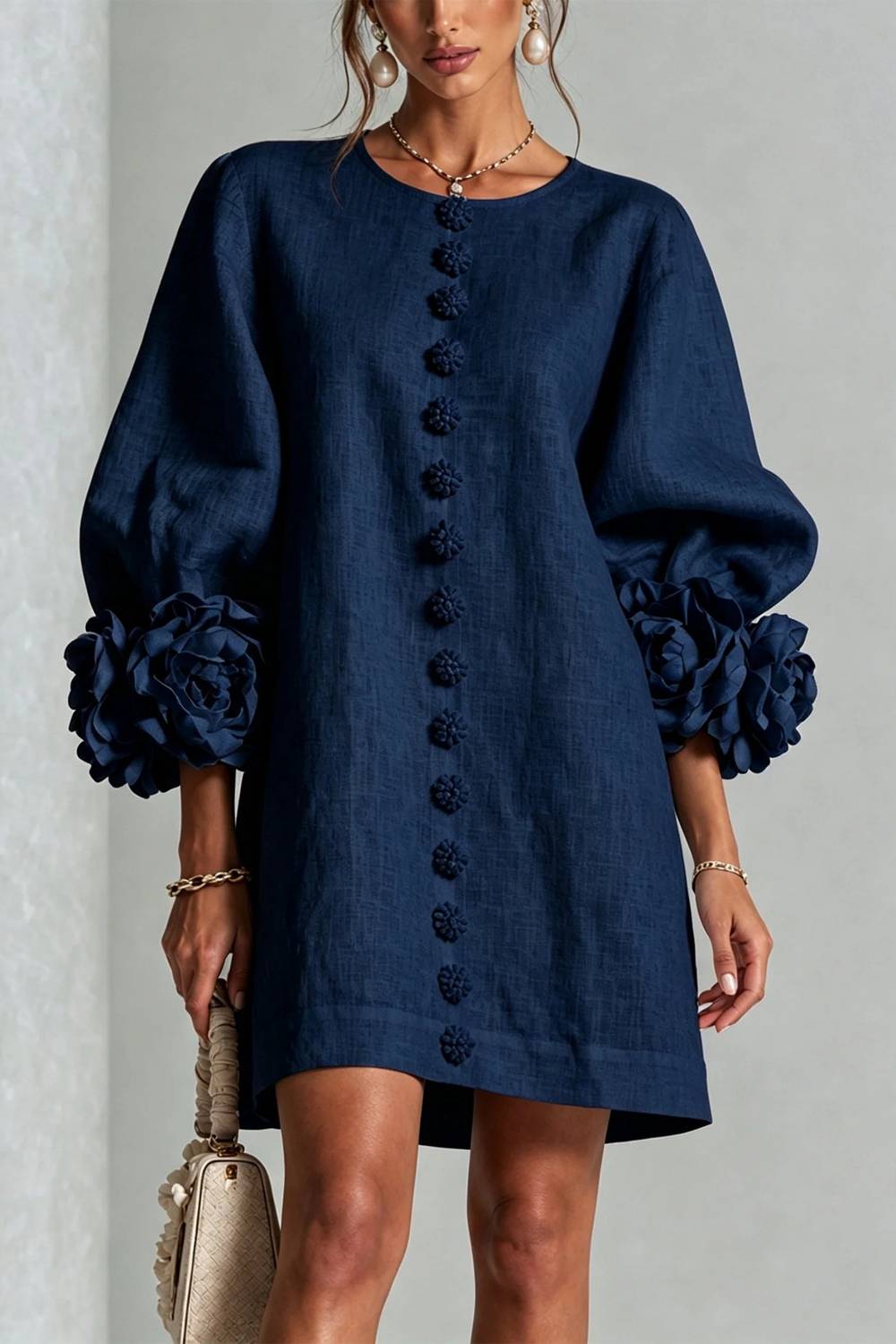 Three-dimensional Floral Cuffs, Puff Sleeves, Short Dress