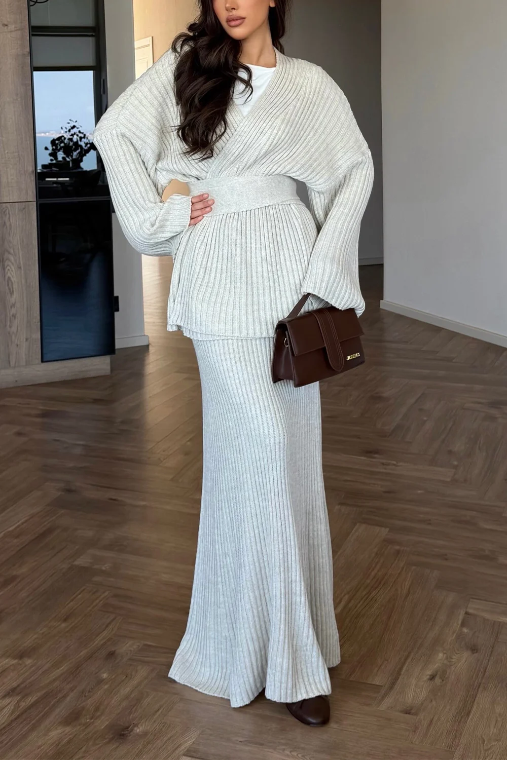 Ribbed Knit Long Sleeve Wrap Top and Maxi Skirt Two Piece Set [erp-image:d16c443f0244c8196eb28fc0]