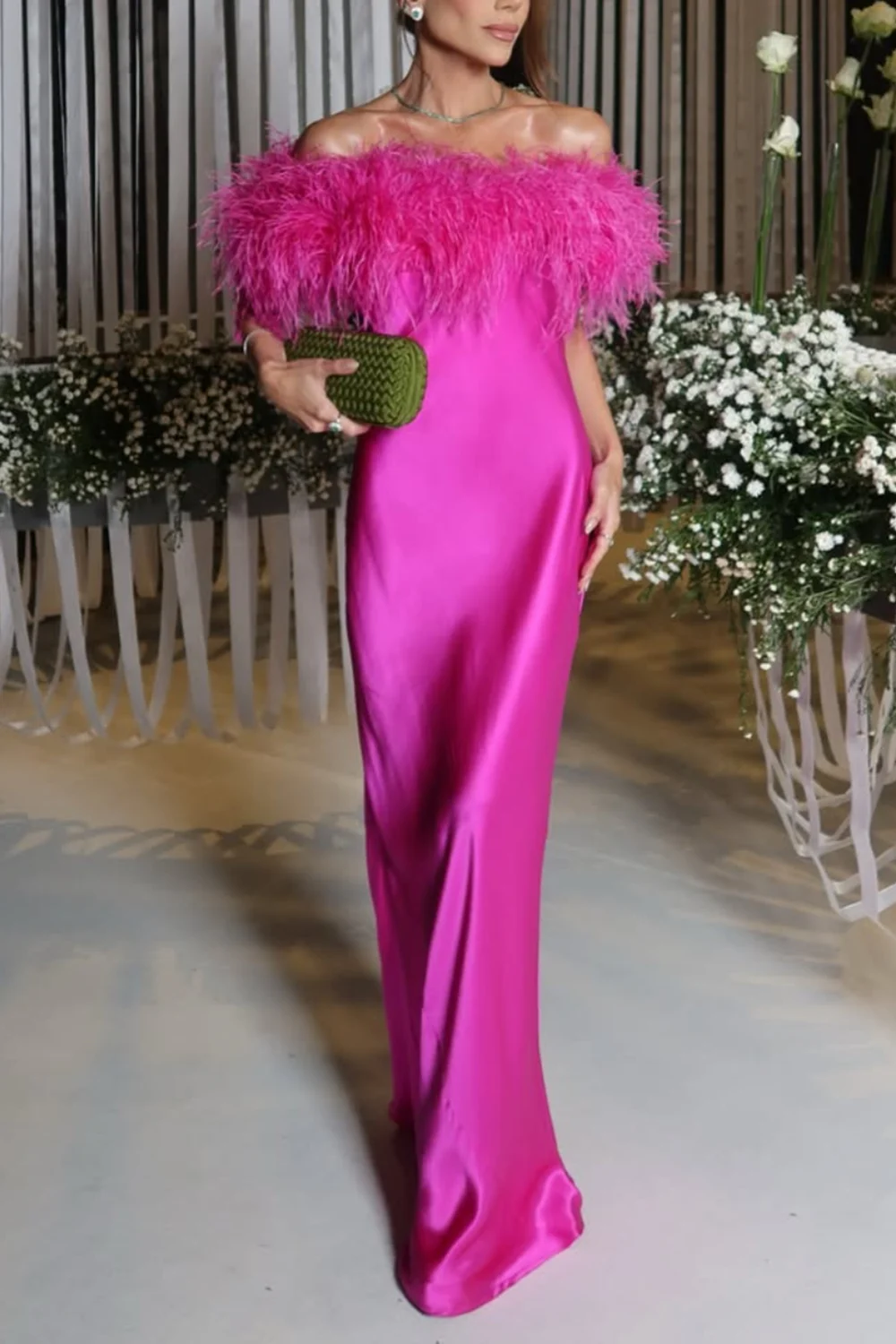 Hot Pink Feather Trim Off-the-Shoulder Satin Column Maxi Dress [erp-image:5727dce092e77dbff906b15a]
