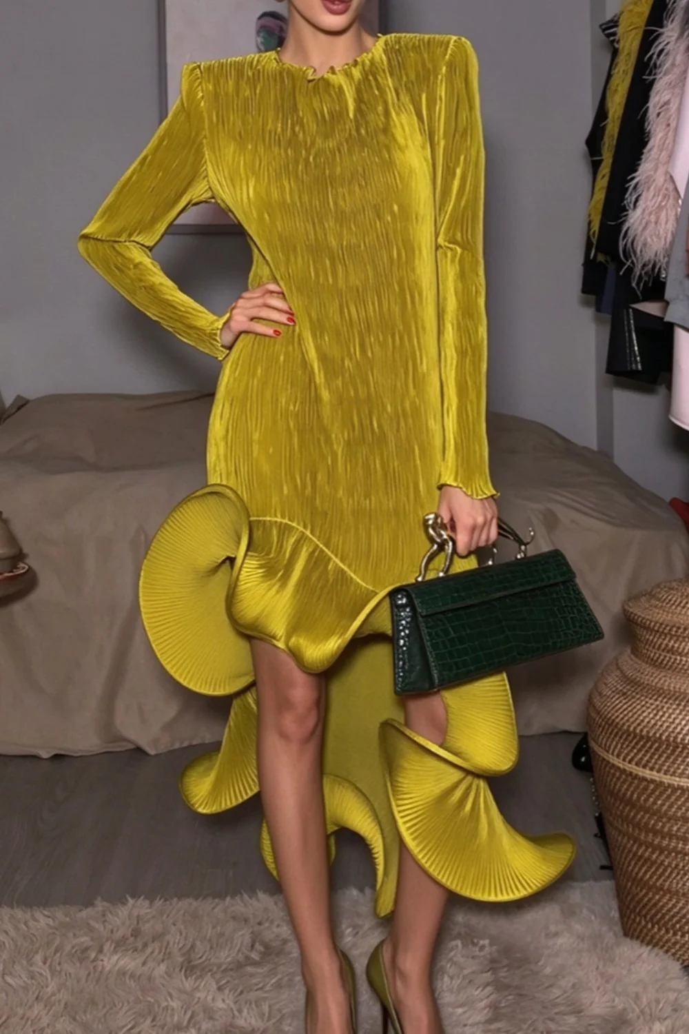 Long Sleeve Pleated High Low Dress with Sculptural Ruffle Hem [erp-image:2b81ee0bd2293c6eaa9047c3]