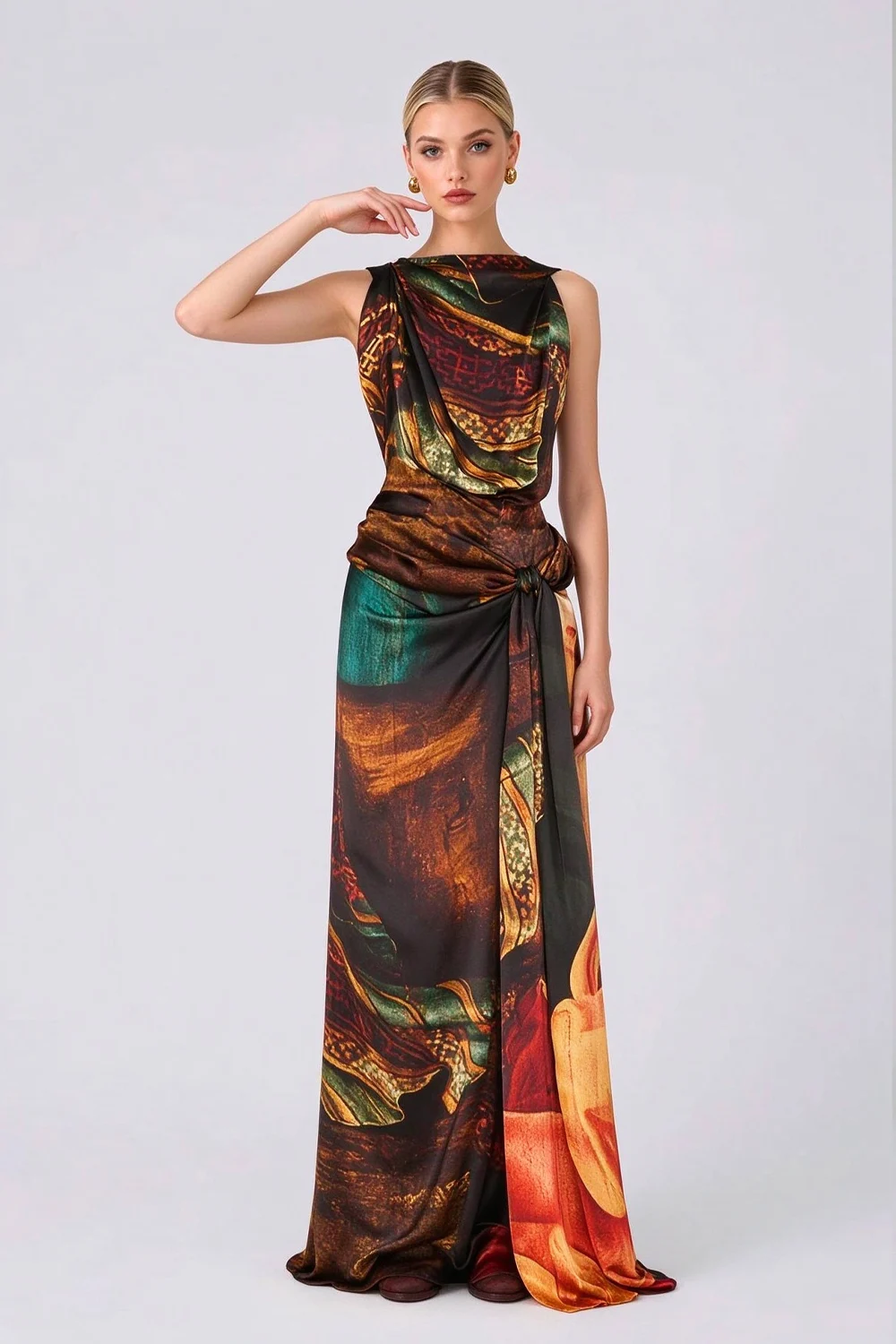 Sleeveless Draped Graphic Print Satin Column Maxi Evening Gown Dress [erp-image:a7cb07b11f96911442fcff36]