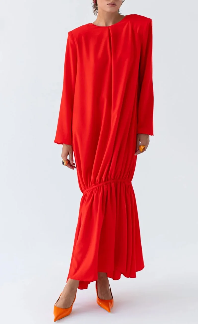 Red Padded Shoulder Long Sleeve Drop Waist Maxi Dress with Flounce Hem [erp-image:1b3e13fee16b0b824197f2b4]