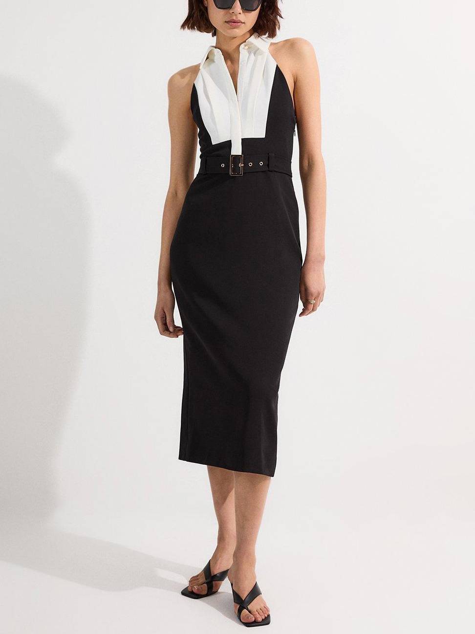 Contrast Color Lapel Off-shoulder Belt Midi Dress