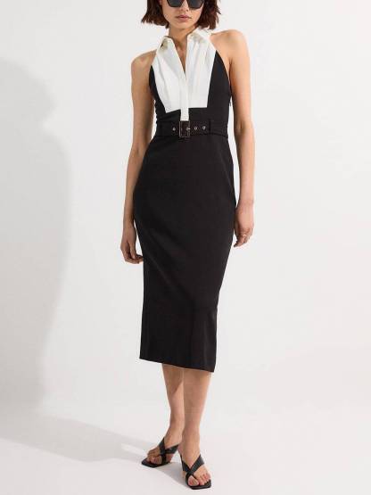 Contrast Color Lapel Off-shoulder Belt Midi Dress