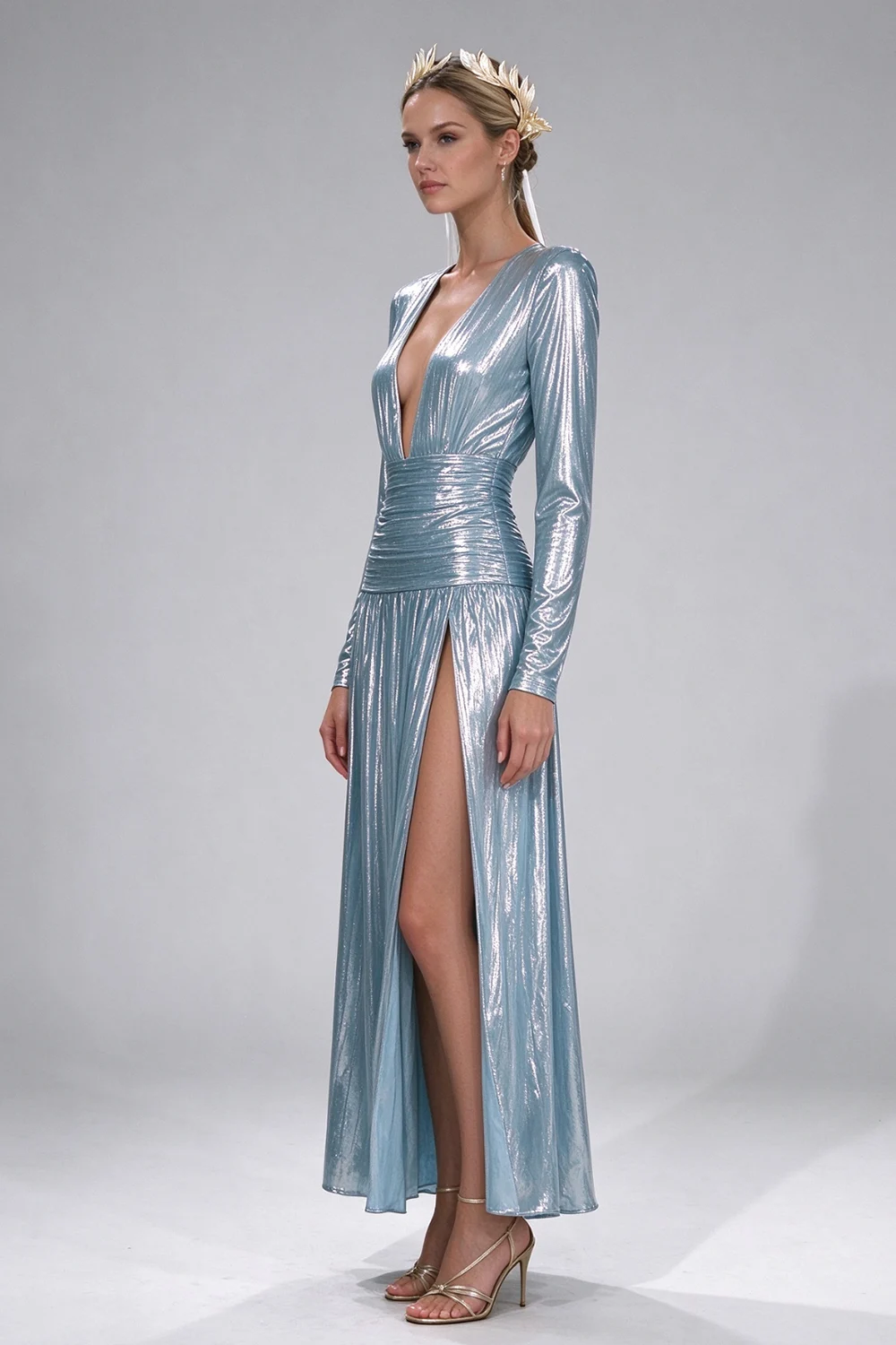 Metallic Light Blue Plunging V-Neck Long Sleeve High Slit Evening Maxi Dress [erp-image:893f26ec8ec1410f265a22f9]