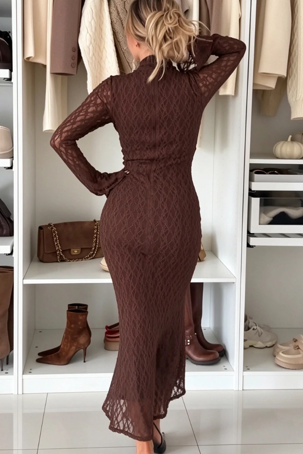 Brown Mock Neck Long Sleeve Lace Mermaid Midi Dress [erp-image:db2185f015abb979f62b73b7]