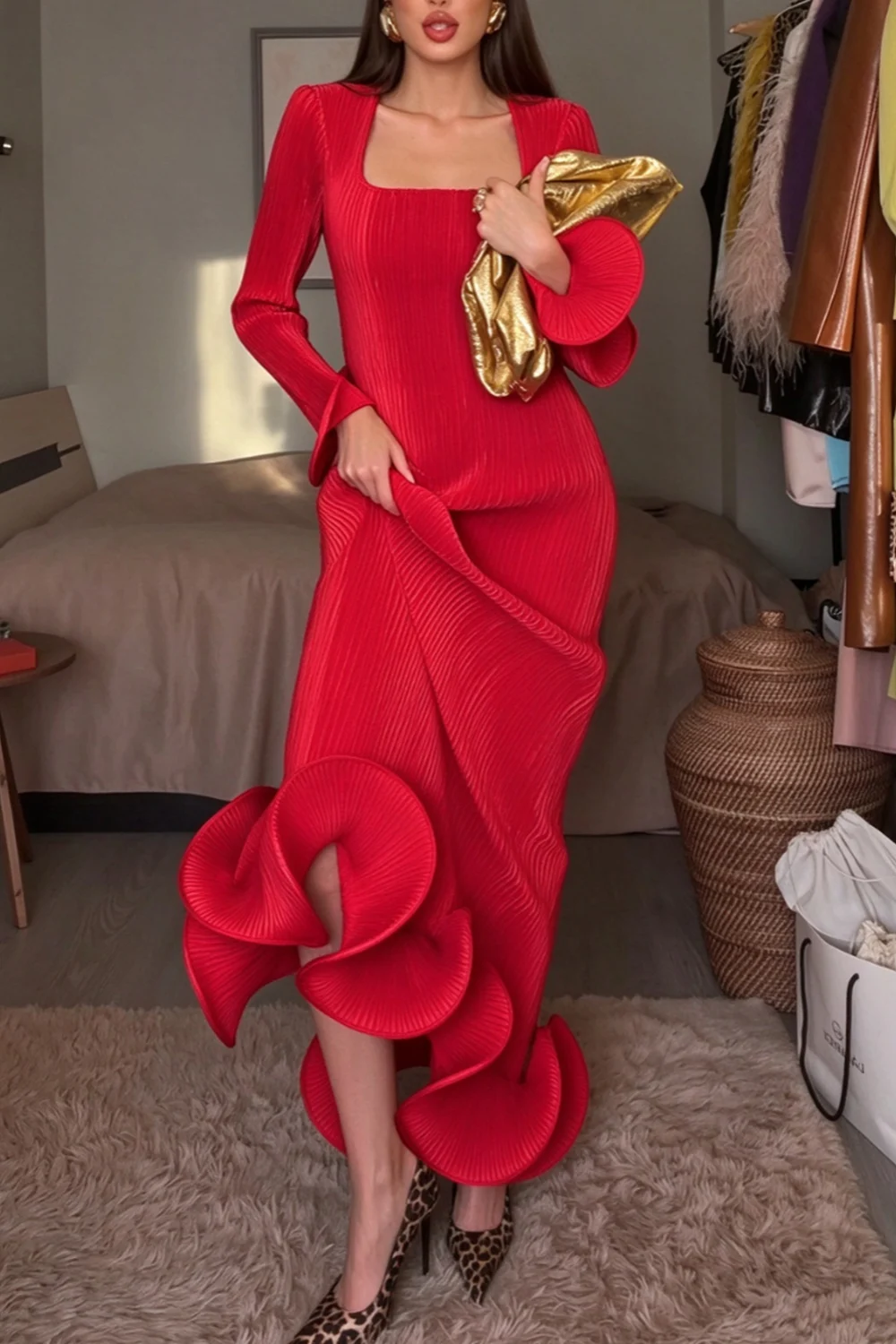Red Pleated Square Neck Long Sleeve Maxi Dress with Sculptural Petal Hem [erp-image:ab1a184f6910f2c15a528f02]