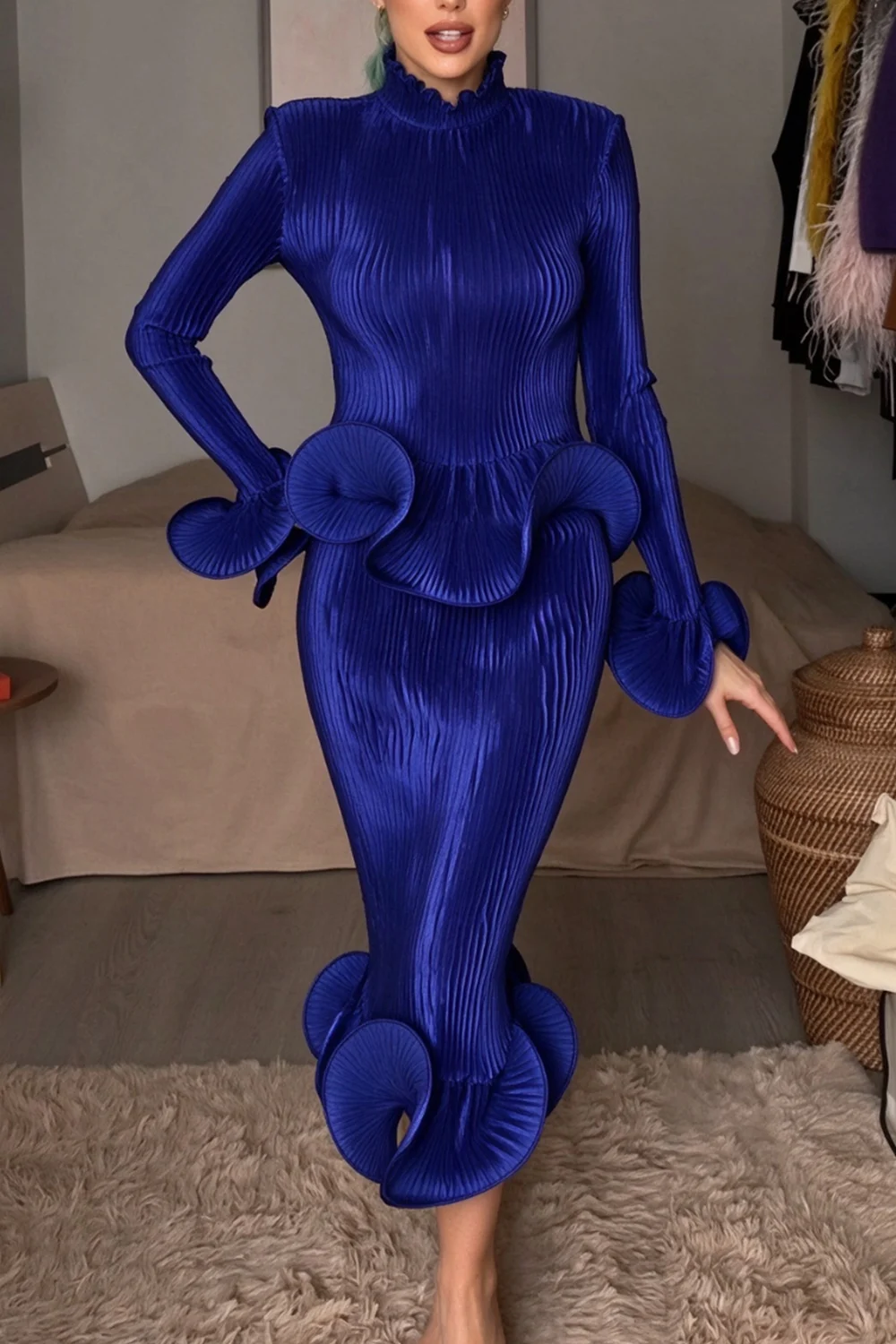 Royal Blue Pleated Peplum Top and Ruffled Midi Skirt Two-Piece Set [erp-image:a2e69c21cbcee1826d56a32a]