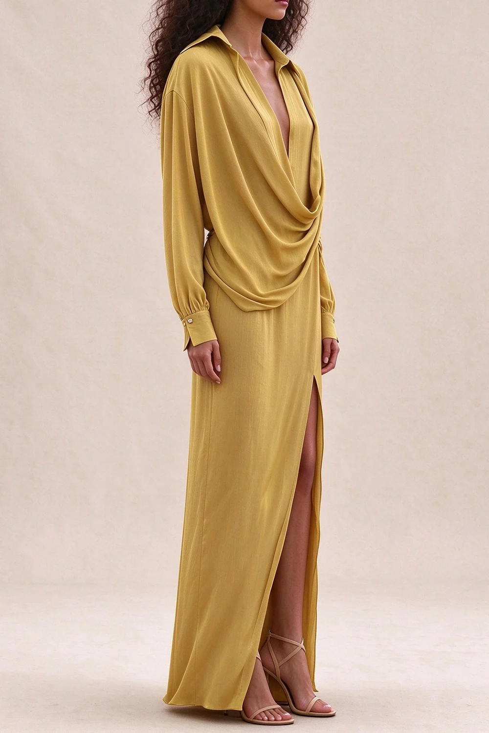 Mustard Yellow Draped Cowl Neck Long Sleeve Maxi Dress with Slit [erp-image:ad42300811eaad60ca45a279]