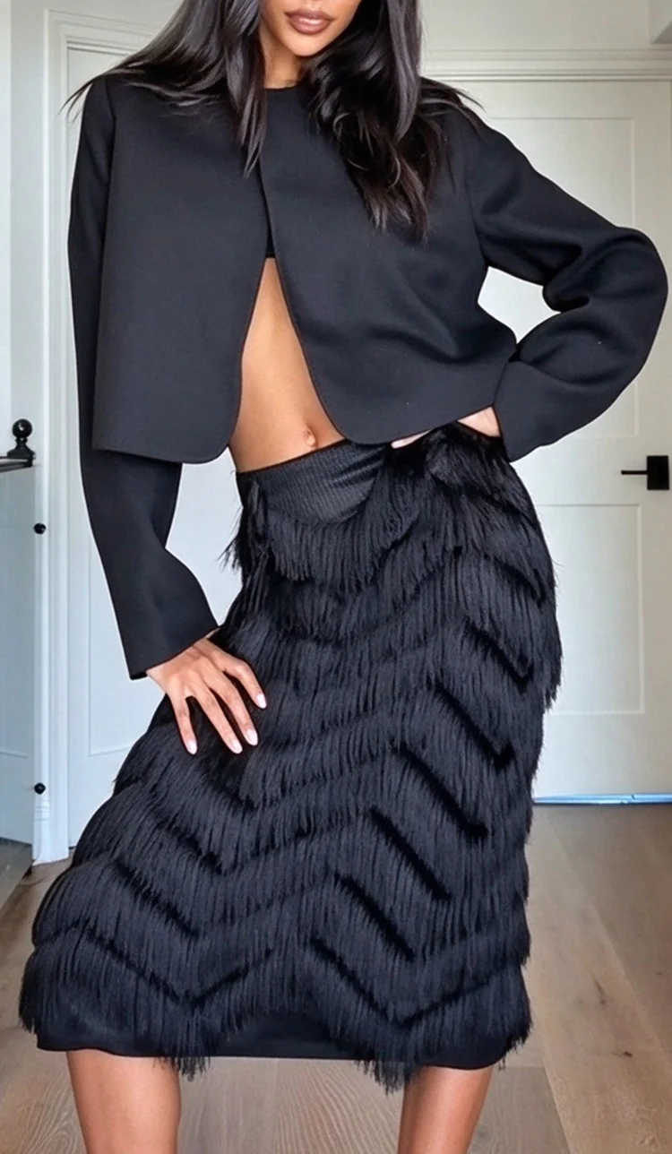 Black Cropped Long Sleeve Jacket and Chevron Fringe Midi Skirt Two Piece Set [erp-image:391e0984a73430db6572c918]