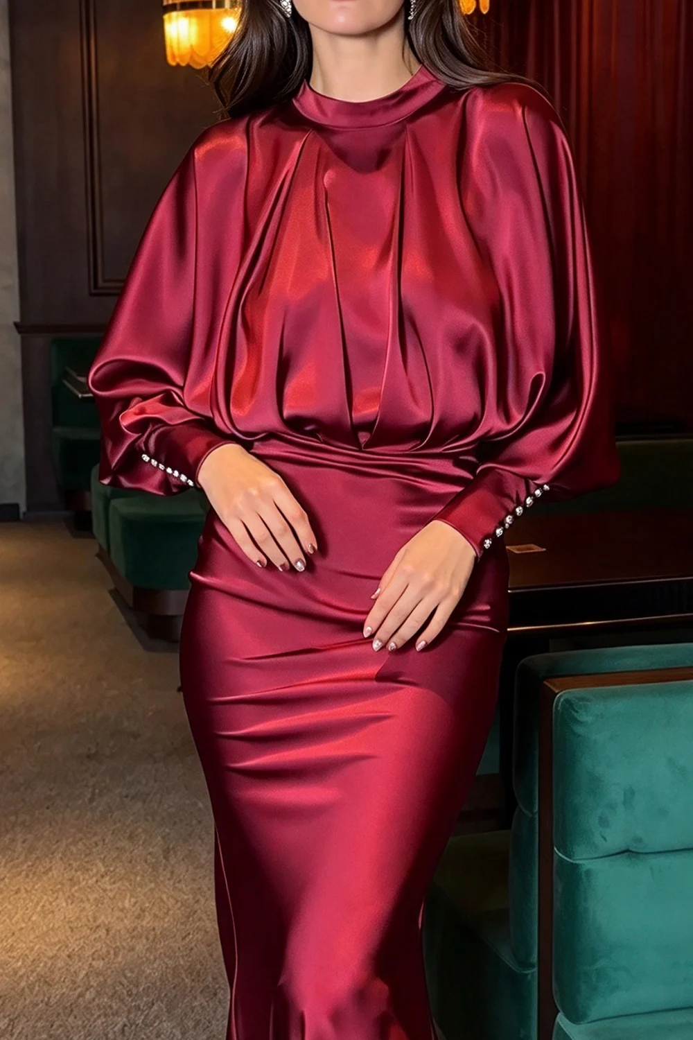 Burgundy High Neck Bishop Sleeve Gathered Bodice Satin Maxi Dress [erp-image:0027dc5a2772acef86d50899]