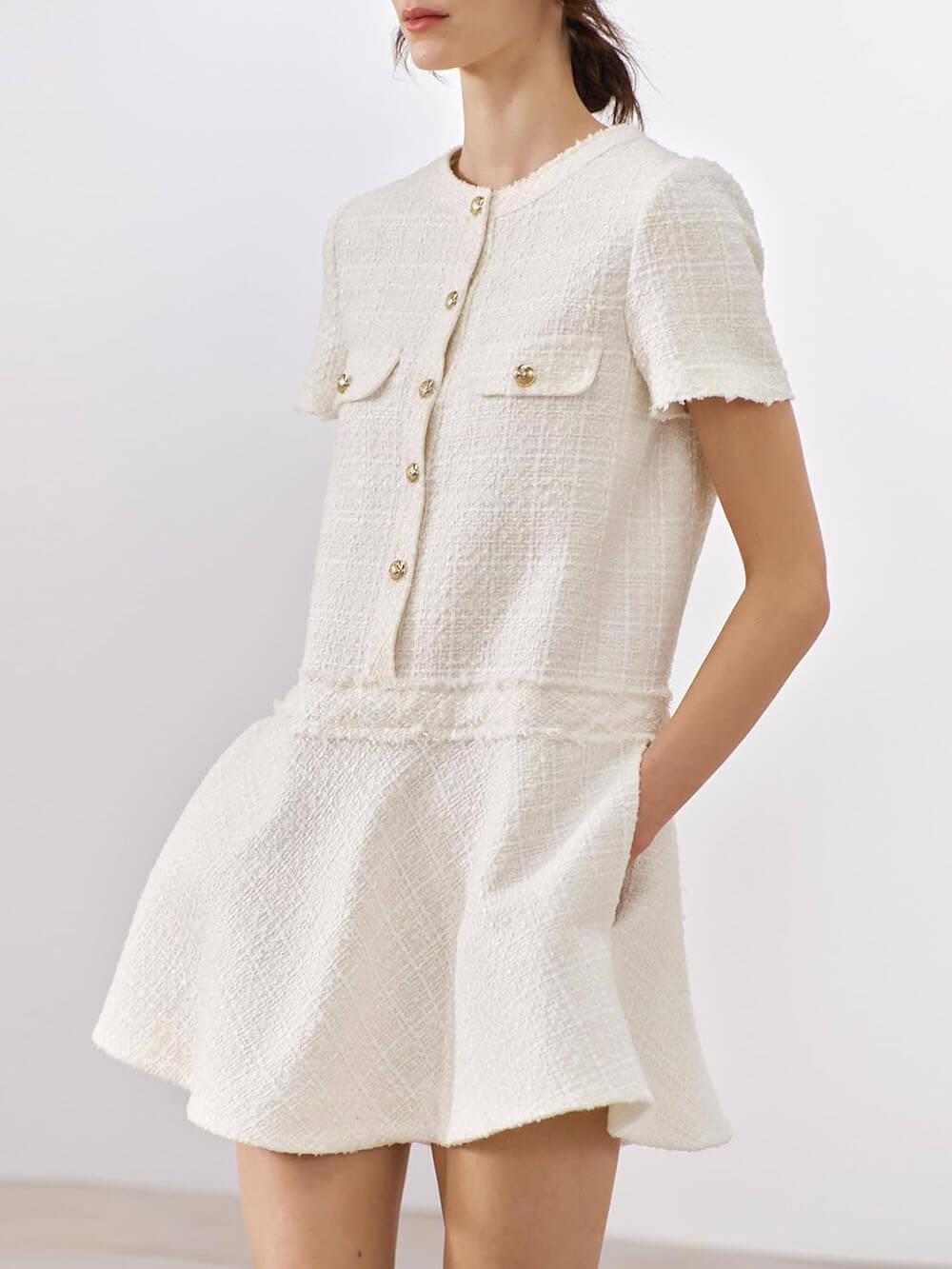 Sweet And Elegant Tweed Textured Short Sleeve Pocketed Mini Dress