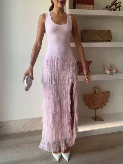 Elegant And Unique Layered Fringe Patchwork With Side Slits Maxi Dress