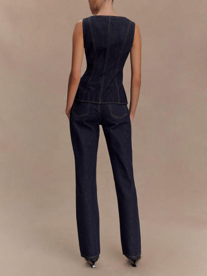 Modern Playful Unique Sleeveless Button-Down Denim Vest Top