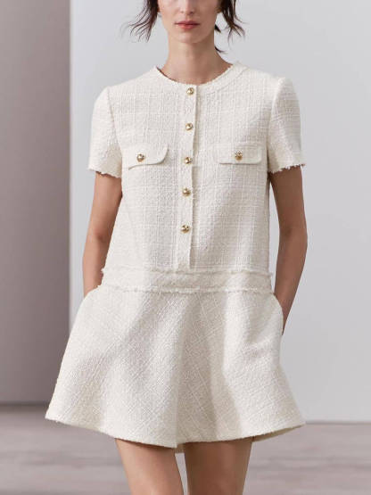 Sweet And Elegant Tweed Textured Short Sleeve Pocketed Mini Dress