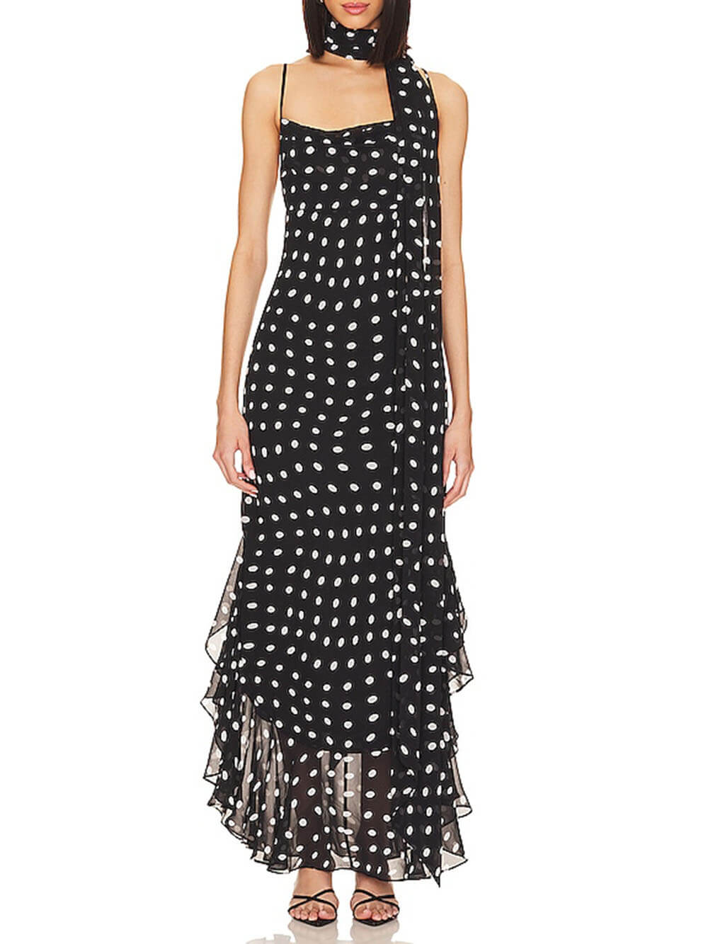 Delicate Polka Dot Print Halter Chiffon Ruffle Trim Maxi Dress