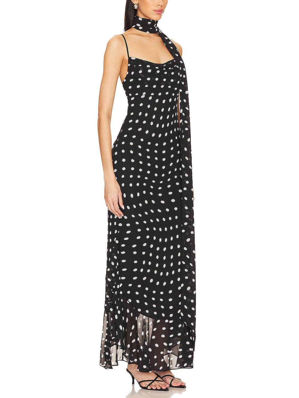 Delicate Polka Dot Print Halter Chiffon Ruffle Trim Maxi Dress