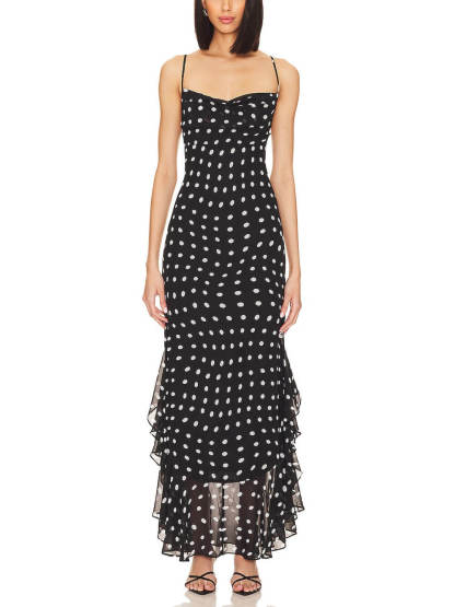 Delicate Polka Dot Print Halter Chiffon Ruffle Trim Maxi Dress