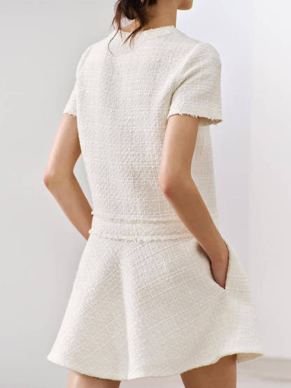 Sweet And Elegant Tweed Textured Short Sleeve Pocketed Mini Dress