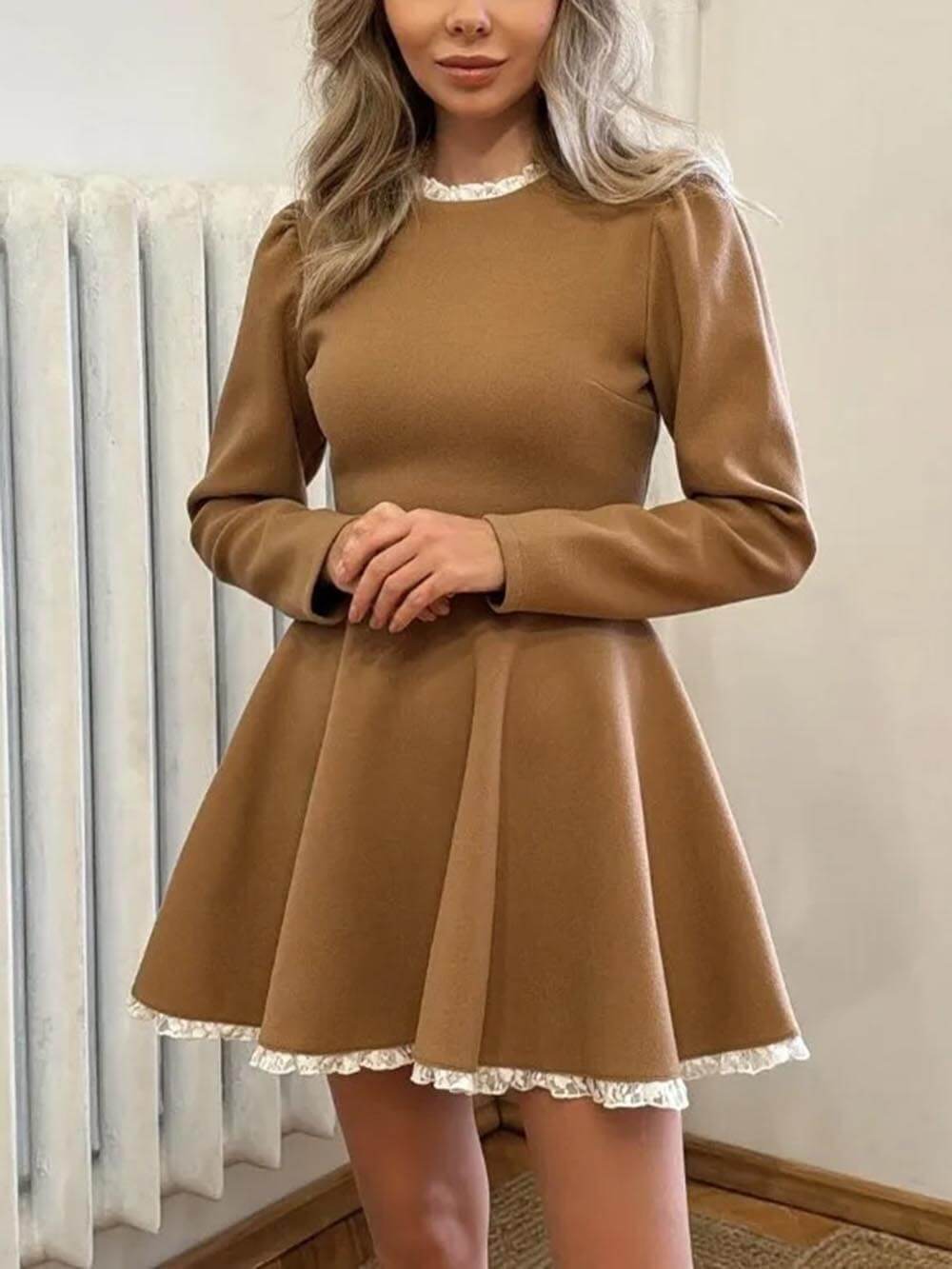 Elegant Lace Panel High Waist Long Sleeve Mini Dress