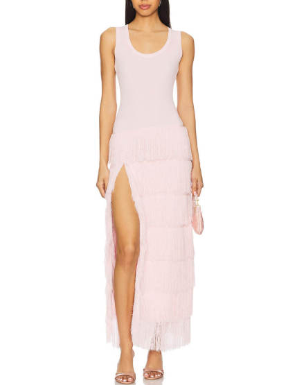 Elegant And Unique Layered Fringe Patchwork With Side Slits Maxi Dress
