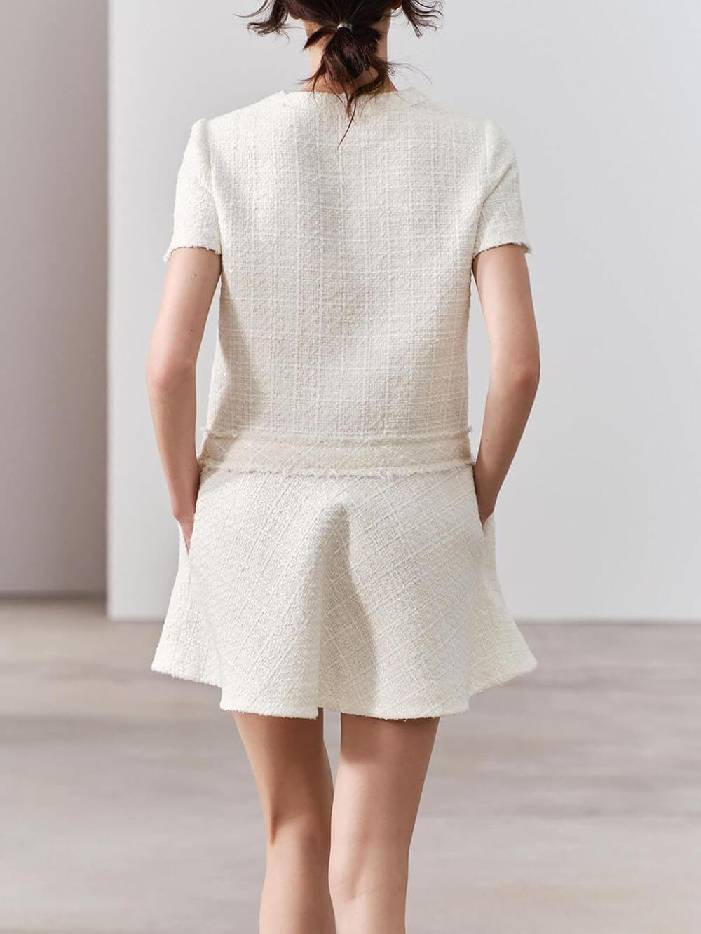 Sweet And Elegant Tweed Textured Short Sleeve Pocketed Mini Dress