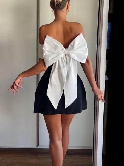 Elegant And Sexy One-Shoulder Contrast Bow-Decorated Dress