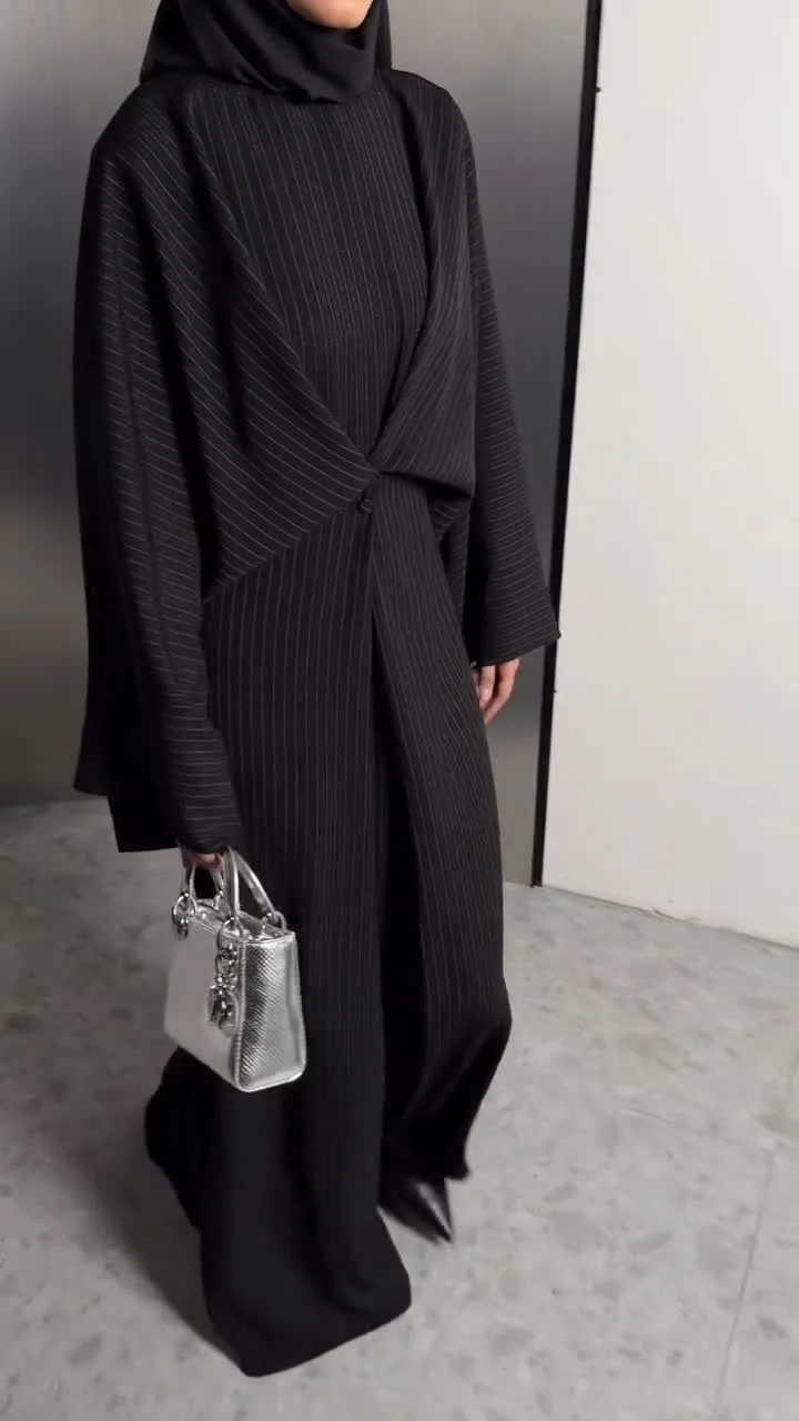 Black Pinstripe Long Sleeve Twist Front Abaya Maxi Dress with Wide Cut [erp-image:eb5b3e4b1e7a2efc95d677fc]