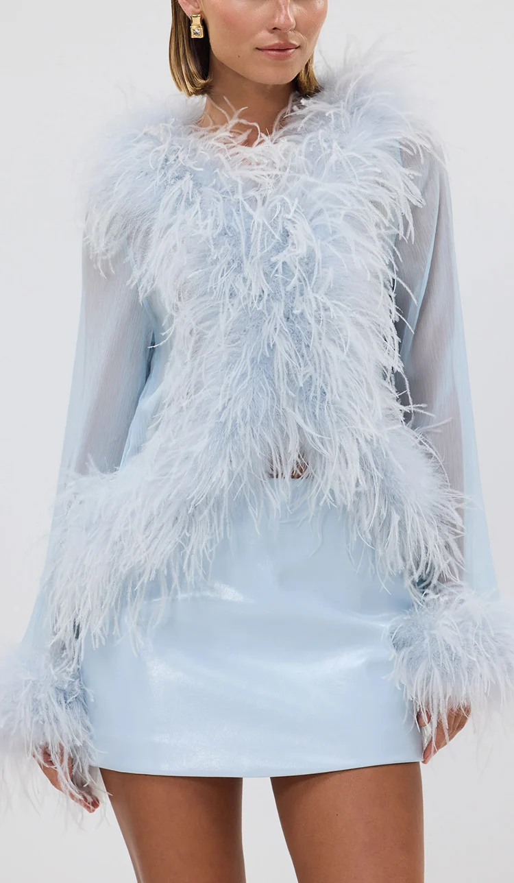 Baby Blue Feather Trim Long Sleeve Top and Mini Skirt Two Piece Set [erp-image:a86b785744f3ac0807db208f]