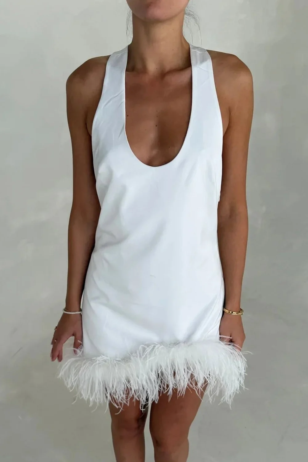 White Satin Feather Hem Halter Sleeveless Mini Slip Dress