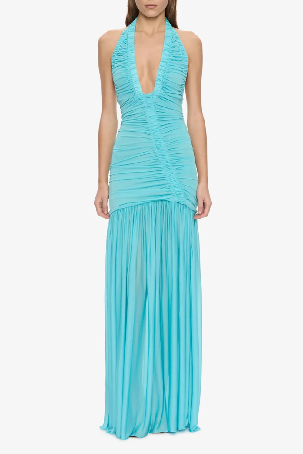 Sky Blue Halter Plunge Neck Ruched Drop Waist Maxi Dress [erp-image:fabe96238446c1d19ebc1166]