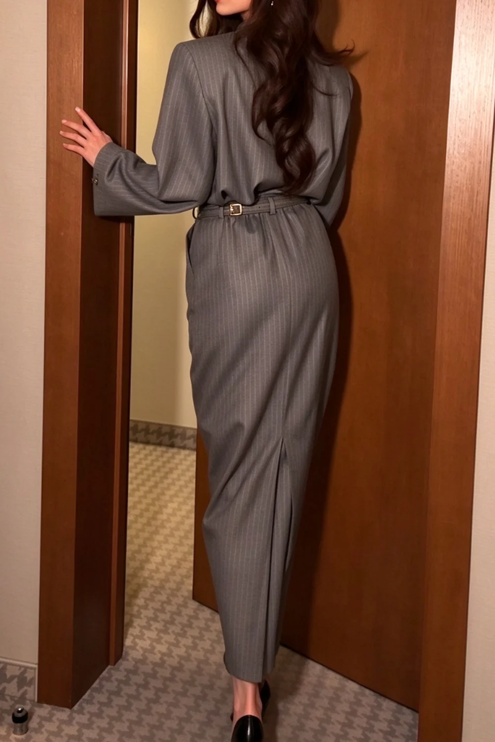 Grey Pinstripe Asymmetric High Neck Long Sleeve Top and Maxi Skirt Two Piece Set [erp-image:9e6ab60bd565caf98bf4f8e9]