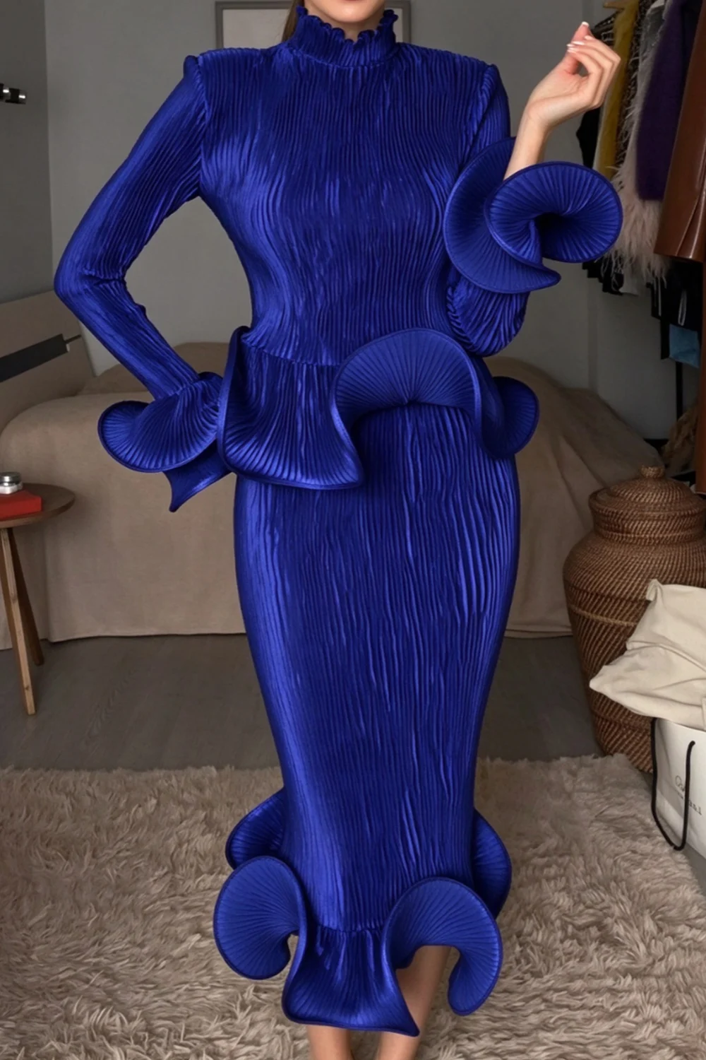 Royal Blue Pleated Peplum Top and Ruffled Midi Skirt Two-Piece Set [erp-image:94241bca7dec0f79a970f50a]