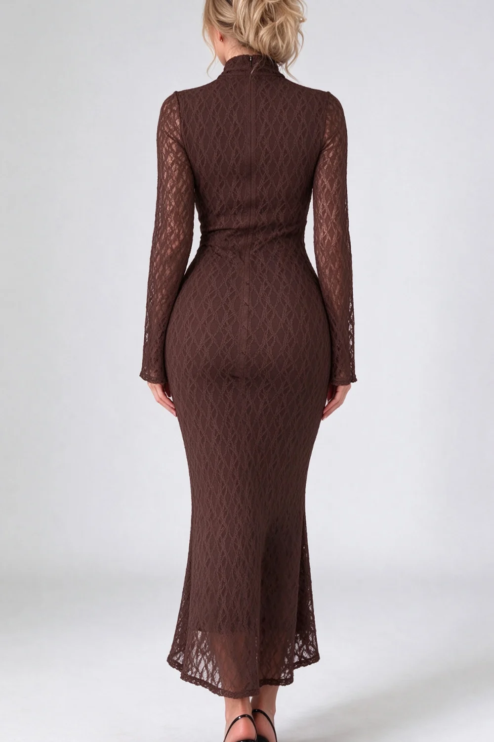 Brown Mock Neck Long Sleeve Lace Mermaid Midi Dress [erp-image:9630955edf191533be4dbdcf]