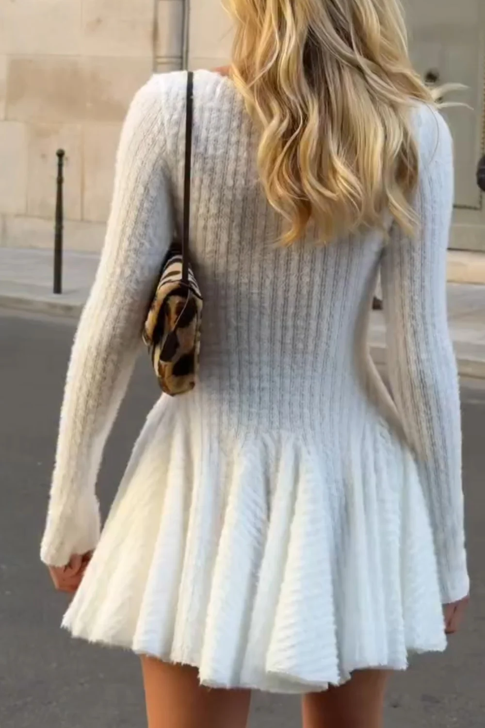 White Textured Knit Scoop Neck Long Sleeve Skater Mini Dress [erp-image:db201cea9110a5dd198f90ed]