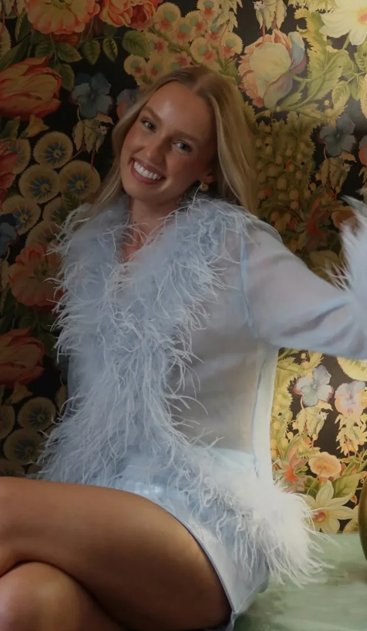 Baby Blue Feather Trim Long Sleeve Top and Mini Skirt Two Piece Set [erp-image:e916046f3b61133176a58b15]