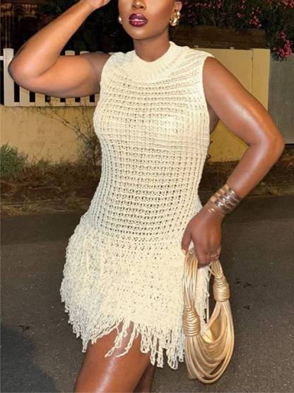 Knit Sleeveless Tassel Hem Dress