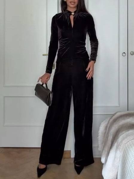 Vintage Velvet Top And Wide Leg Pants Set