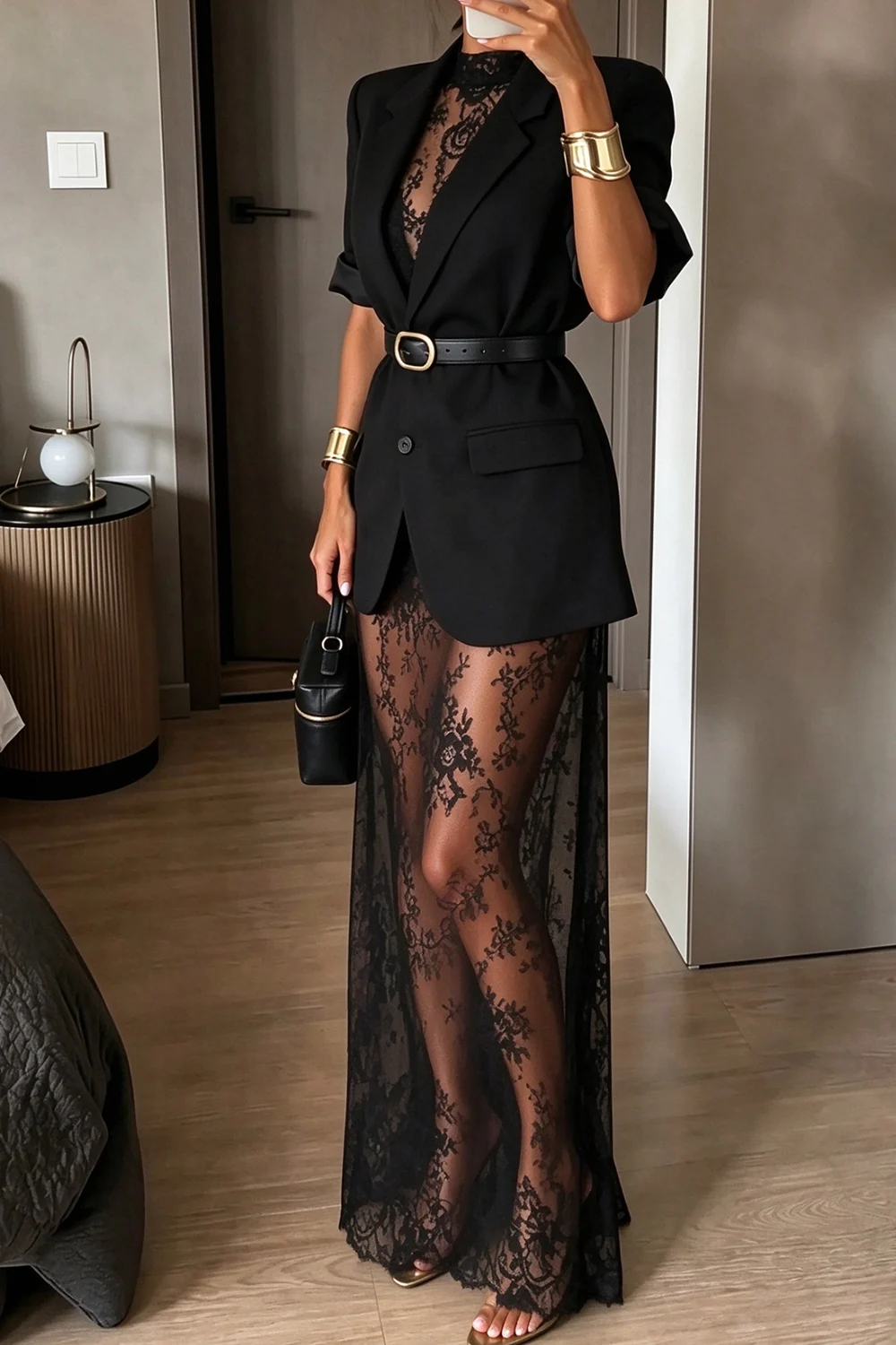 Black Short Sleeve Blazer Jacket and Sheer Lace Maxi Dress Two Piece Set [erp-image:a54997ac6dc1437a35a7ee57]